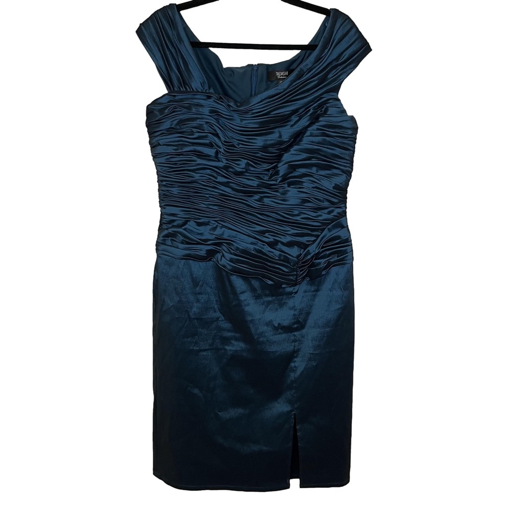 Tadashi Shoji Ruched Sheath Dress Teal Blue Sheen Asymmetrical Cap Sleeve 14 - Picture 5 of 17